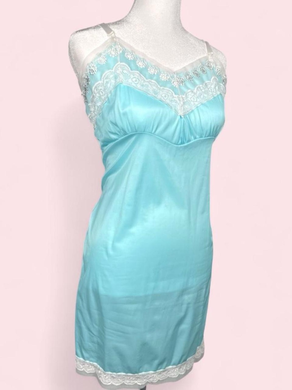 Vintage 60s Blue Lace Slip Dress, Nylon, Size Medium